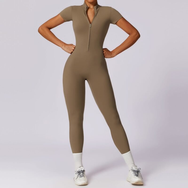 Women's European - American Style Short - Sleeve Zipped Seamless Yoga Jumpsuit (CLT8305)