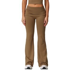 Women's Brushed Gathered Yoga Pants: Fold - Over High - Waisted, Running & Fitness Tight Flare Pants（ 9152）