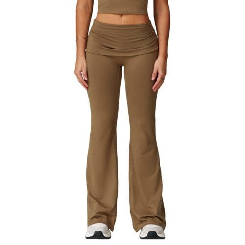 Women's Brushed Gathered Yoga Pants: Fold - Over High - Waisted, Running & Fitness Tight Flare Pants（ 9152）
