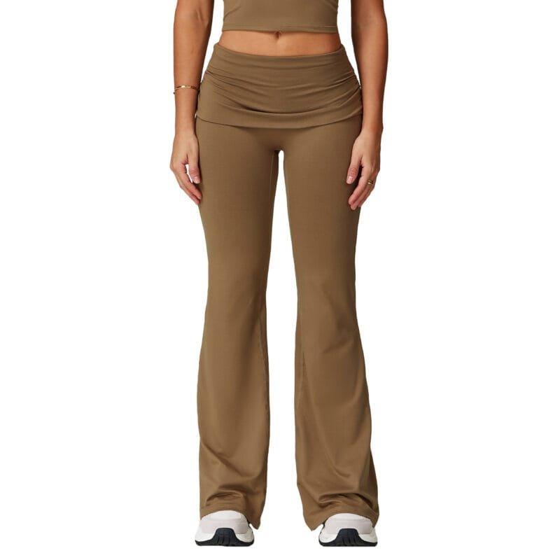 Women's Brushed Gathered Yoga Pants: Fold - Over High - Waisted, Running & Fitness Tight Flare Pants 9152