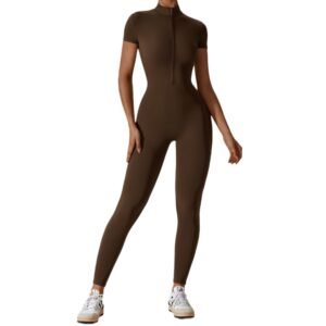 Women's Zip-Front Short-Sleeve Bodysuit | Naked Feeling Yoga Jumpsuit for Gym & Casual Outerwear | Model: CLT8305