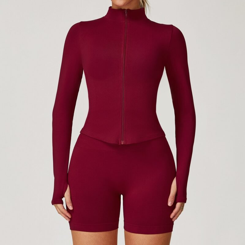 Women's European & American Stand - Collar Zippered Long - Sleeve Yoga Jacket: Tight - Fit, Quick - Dry Outdoor Fitness & Workout Top 7725
