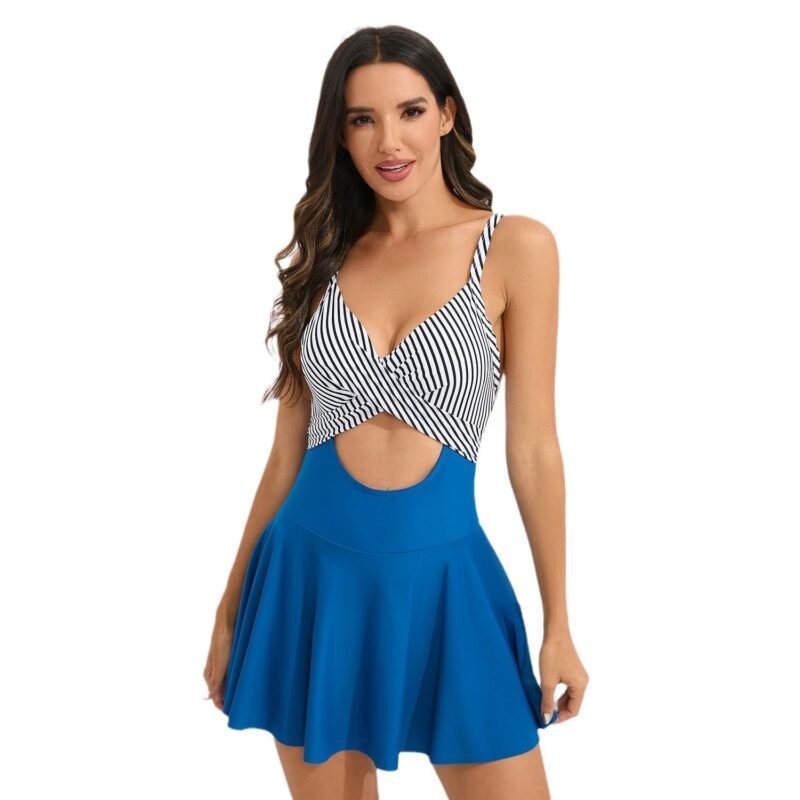 Sexy One - Piece Swim Dress with Deep V - Neck, Cross - Front Cutout, Racerback Design（ DSJ23183）