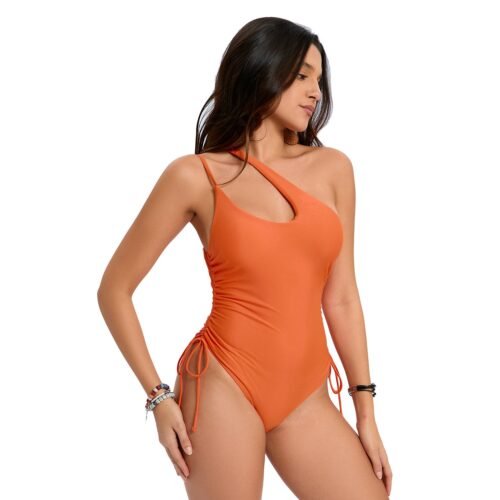 European and American - Style Sexy One - Piece Swimsuit with Asymmetric Straps, Open Back, and Drawstring Ties（ DSJ24156）