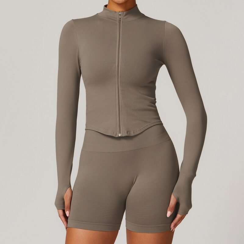 Women's European & American Stand - Collar Zippered Long - Sleeve Yoga Jacket: Tight - Fit, Quick - Dry Outdoor Fitness & Workout Top 7725