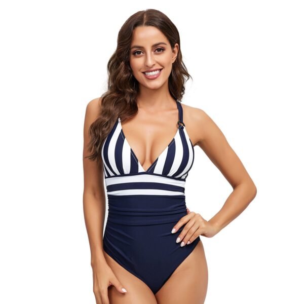 European and American Women's Sexy Color - Block Halter Backless One - Piece Swimsuit - Deep V Neck & Striped Design（ DSJ0018） - 图片 8