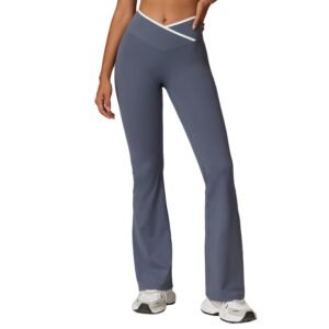 High-Rise Workout Flare Pants - 78% Nylon Quick-Dry Pants with Cross Waist for Yoga & Fitness 8843