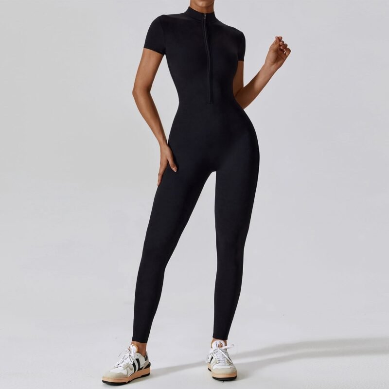 Women's European - American Style Short - Sleeve Zipped Seamless Yoga Jumpsuit (CLT8305)