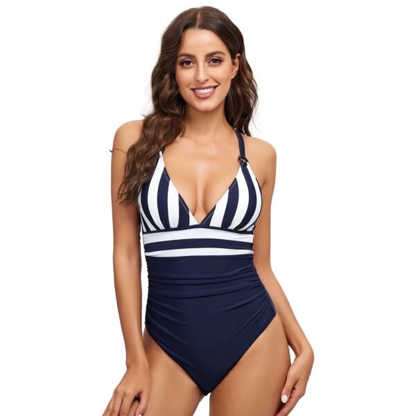 European and American Women's Sexy Color - Block Halter Backless One - Piece Swimsuit - Deep V Neck & Striped Design（ DSJ0018）