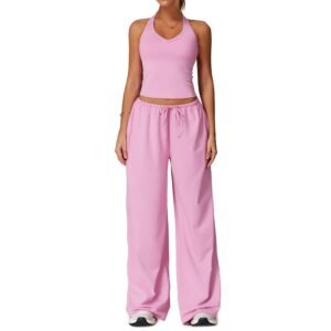 Women's Sleeveless Workout Set - Moisture-Wicking Wide-Leg Pants with Built-in Bra Support 3058