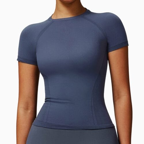 Women's Cross - Border Ribbed Seamless Short - Sleeve T - Shirt: Yoga, Quick - Dry Casual & Workout Top for Running 7731