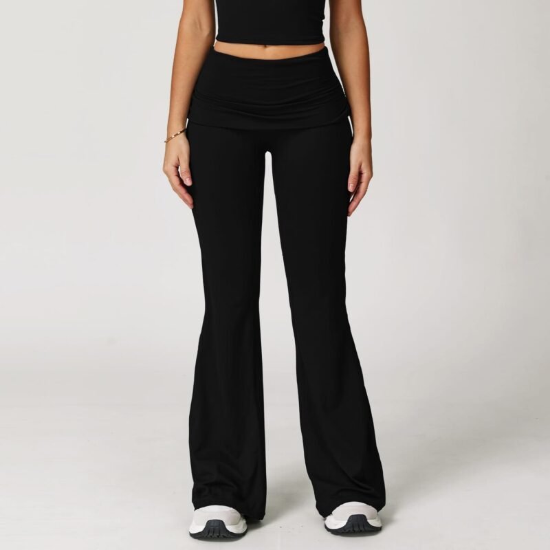 Women's Brushed Gathered Yoga Pants: Fold - Over High - Waisted, Running & Fitness Tight Flare Pants 9152