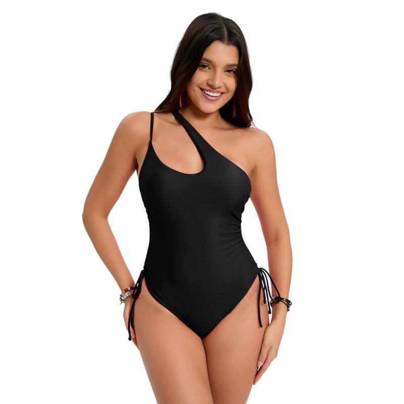 European and American - Style Sexy One - Piece Swimsuit with Asymmetric Straps, Open Back, and Drawstring Ties（ DSJ24156）