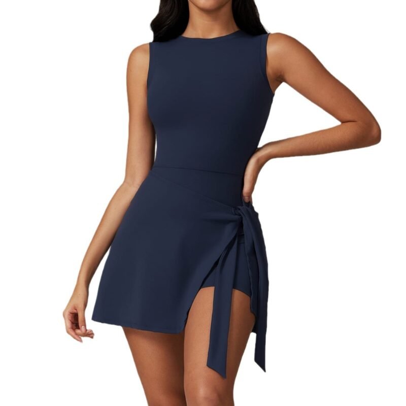 Women's Fake Two - Piece Anti - Exposure Tight Sports Dress: Slimming, Strappy, Casual Fitness Racerback Yoga Tennis Dress 8793