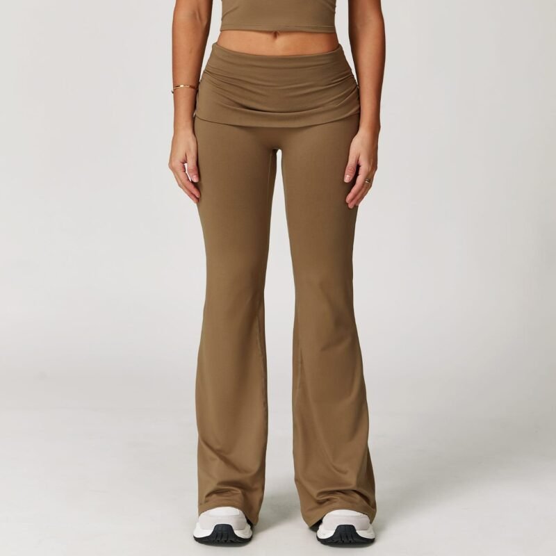 Women's Brushed Gathered Yoga Pants: Fold - Over High - Waisted, Running & Fitness Tight Flare Pants 9152