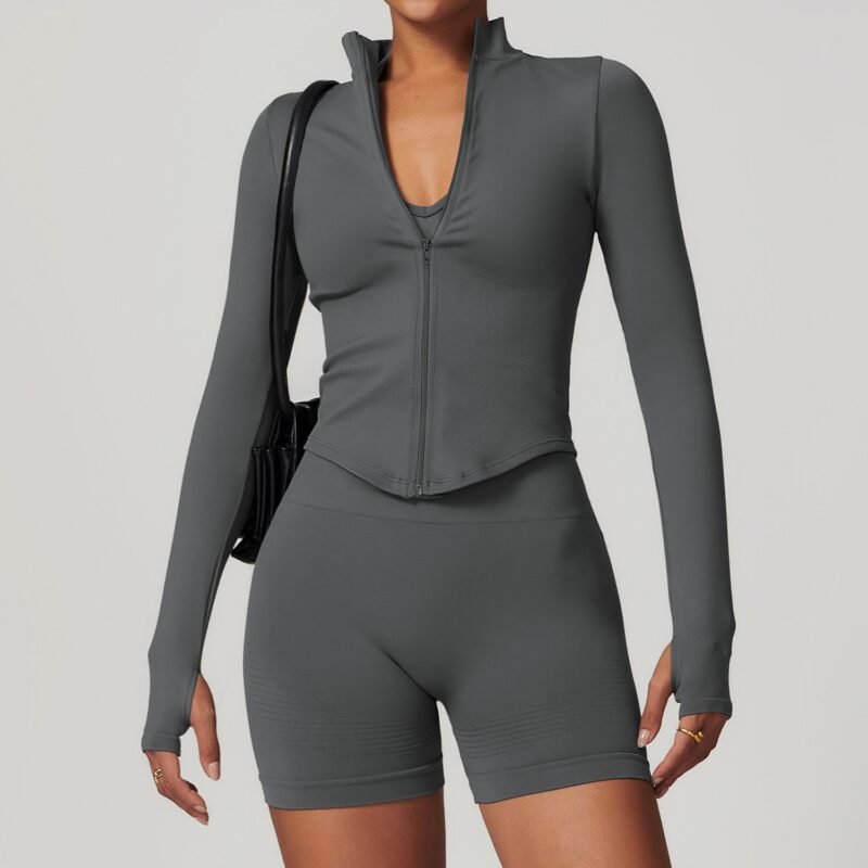 Women's European & American Stand - Collar Zippered Long - Sleeve Yoga Jacket: Tight - Fit, Quick - Dry Outdoor Fitness & Workout Top 7725
