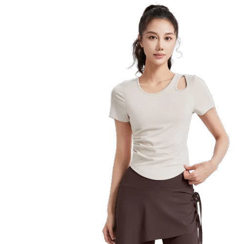 Women's Yoga Shirt with Built-in Bra - Cut-Out and Smocked Design for Sports