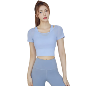 Women's Layered Workout Shirt with Built-in Bra - Mesh Panel Fitness Top for Gym & Yoga