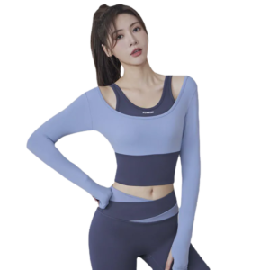 Women's Long Sleeve Fitness Top - 2-in-1 Layered Design with Built-in Bra for Gym