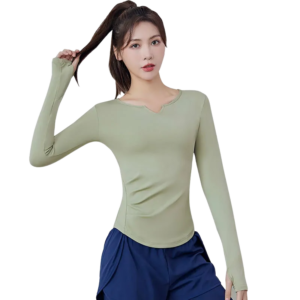 Women's Long Sleeve Fitness Top - V-Neck Slim Fit Workout Shirt for Yoga & Training