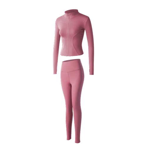 A set of pink women's long sleeve workout top and high-waisted leggings