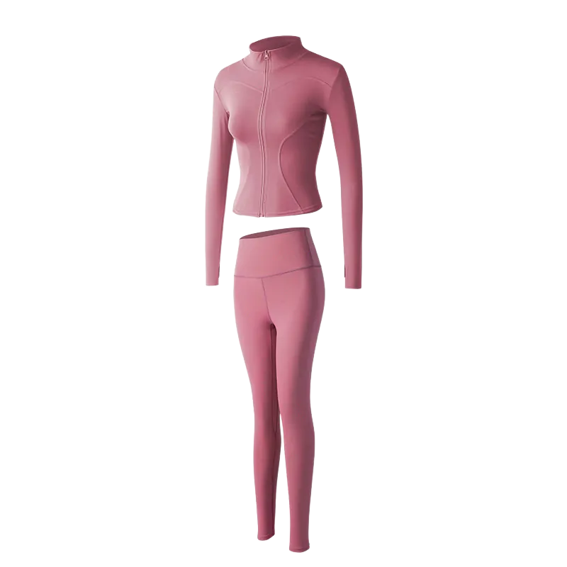 A set of pink women's long sleeve workout top and high-waisted leggings