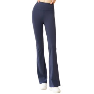 A pair of dark blue high-waisted flared pants