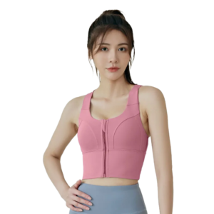 a pink zip-front sports bra