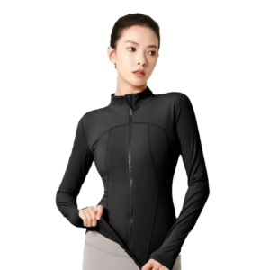 a fitted black zip-up jacket