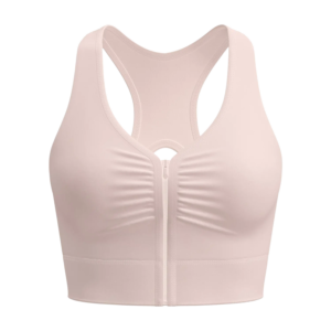 A light pink sleeveless sports bra with a front zip and racerback design