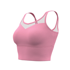 A pink sports-style bra with thin shoulder straps and a sheer panel at the upper chest