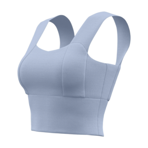 A light blue sports bra with wide shoulder straps and a high-cut design