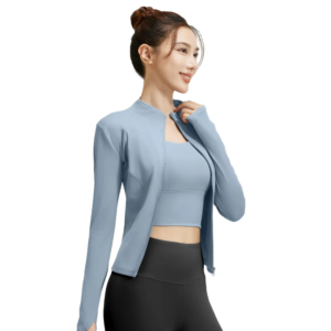 Light blue high-neck zip-front long sleeve athletic crop top