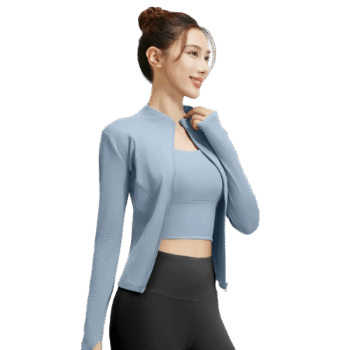 Light blue high-neck zip-front long sleeve athletic crop top