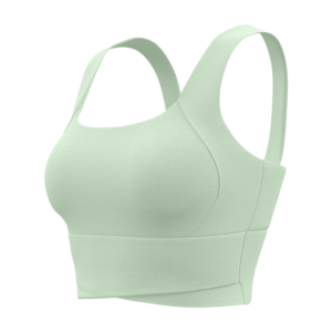 A light green sports bra with wide shoulder straps