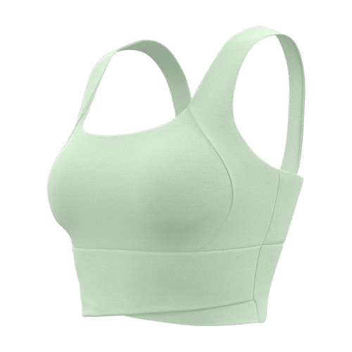 A light green sports bra with wide shoulder straps