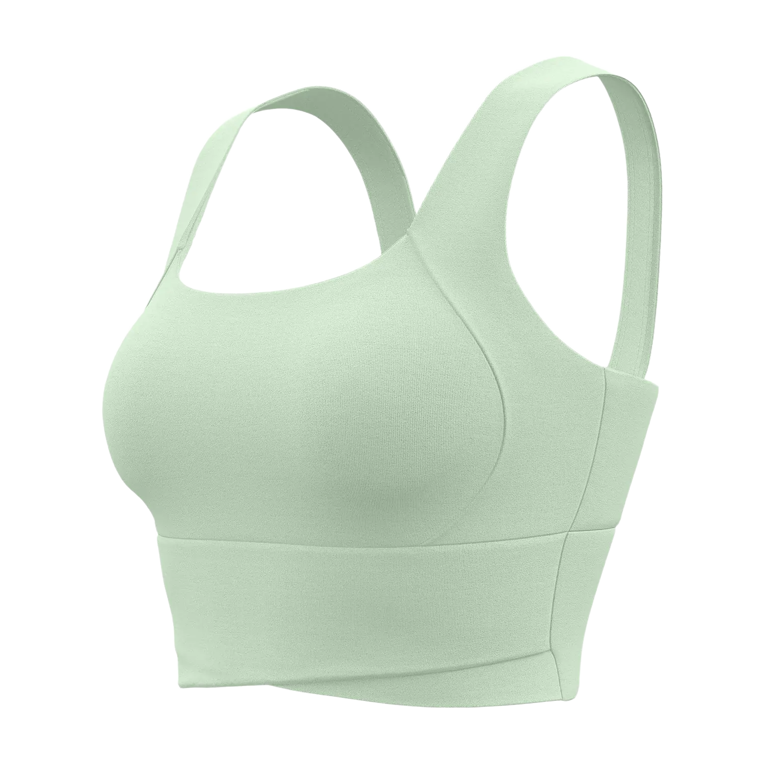 A light green sports bra with wide shoulder straps