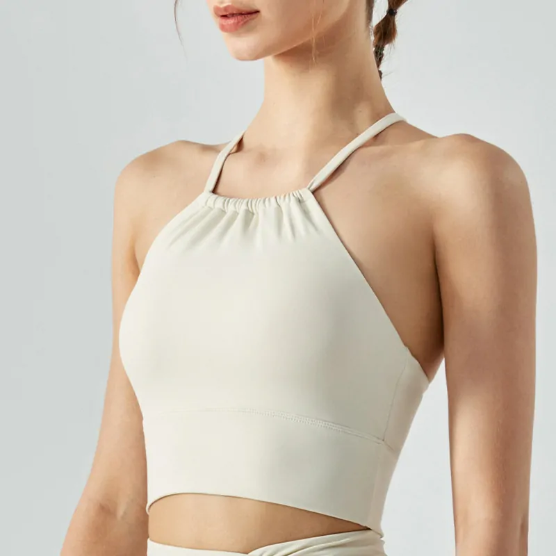 Women's Halter Neck Fitness Top - Pleated Front Sports Bra with Built-in Bra for Workouts - 图片 4
