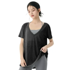 Short Sleeve Yoga Top for Women with Built-In Bra - Wrapped Fitness Shirt, Slim-Fit Naked Feel T-Shirt