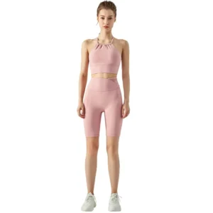 Women's Halter Neck Fitness Top - Pleated Front Sports Bra with Built-in Bra for Workouts