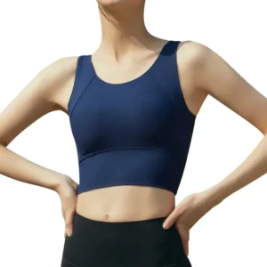 a dark blue racerback sports bra with wide straps.