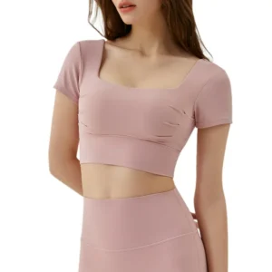 a light pink square-neck short-sleeve crop top
