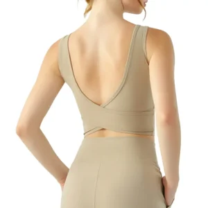 a taupe scoop-back low-rise sports bra