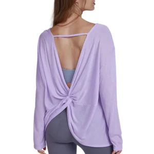 a light purple long-sleeve top with a front knot and back strap detail