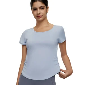 a light blue, side-shirred cotton t-shirt
