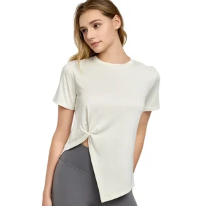 a white short-sleeved top with a front knot detail