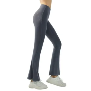 a pair of dark blue flared yoga pants
