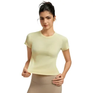 a light yellow, short-sleeved round-neck T-shirt