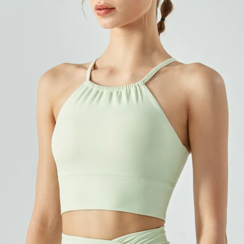 Women's Halter Neck Fitness Top - Pleated Front Sports Bra with Built-in Bra for Workouts - 图片 8