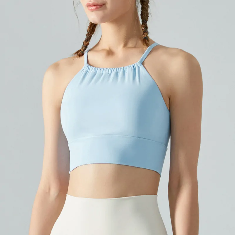 Women's Halter Neck Fitness Top - Pleated Front Sports Bra with Built-in Bra for Workouts - 图片 7